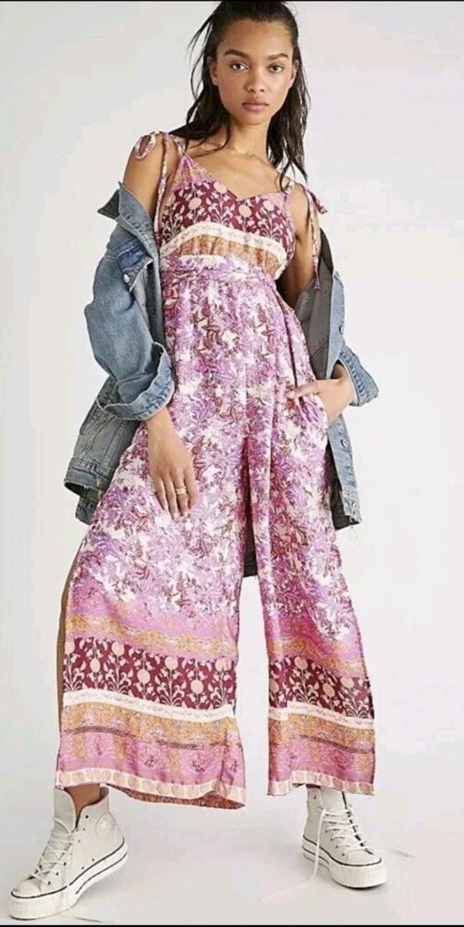 Free People Leona Pink Purple Floral Wrap Jumpsuit New Medium